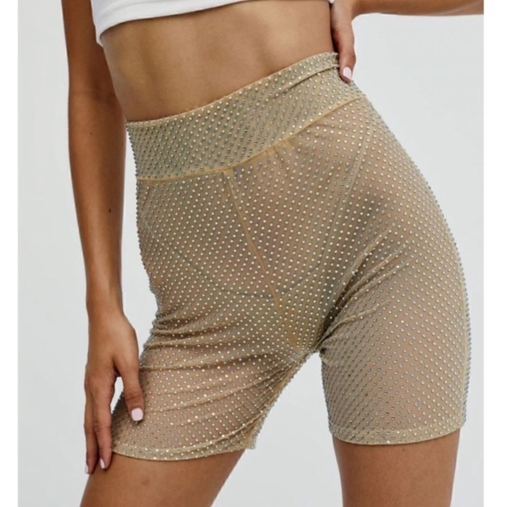 NWT For Love & Lemons Kiara Sheer Rhinestone Embellished Biker Shorts Nude Med